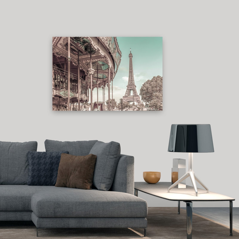 Eiffel Tower Carousel Dream Retro Vintage Abstract Architecture City Wall Art Print, 32" H x 48" W