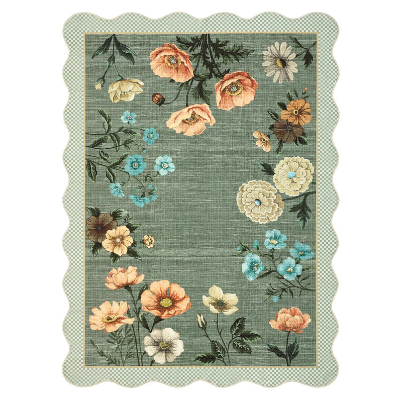 Scalloped Rug Machine Washable Floral Living Room Rugs Non Slip Bedroom Carpet for Nursery Dining Room Dorm Office, Black