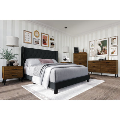 Castle Place Contemporary Rustic King 5-Piece Bedroom Set, Wingback Bed with 2 Nightstands, Dresser and Chest, Charcoal Grey Linen