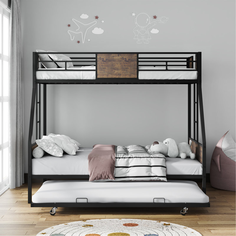 Lits simples superposés avec lit gigogne, lit superposé en métal avec garde-corps de sécurité et 2 échelles pour enfants, cadre en métal robuste et supports de panneau de protection, aucun sommier nécessaire, assemblage facile