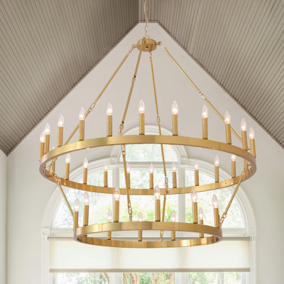 48in 2-Tier 36-Light Large Gold Farmhouse Wagon Wheel Chandelier for High Ceilings, Foyer, Entryway, Dining Room, Living Room