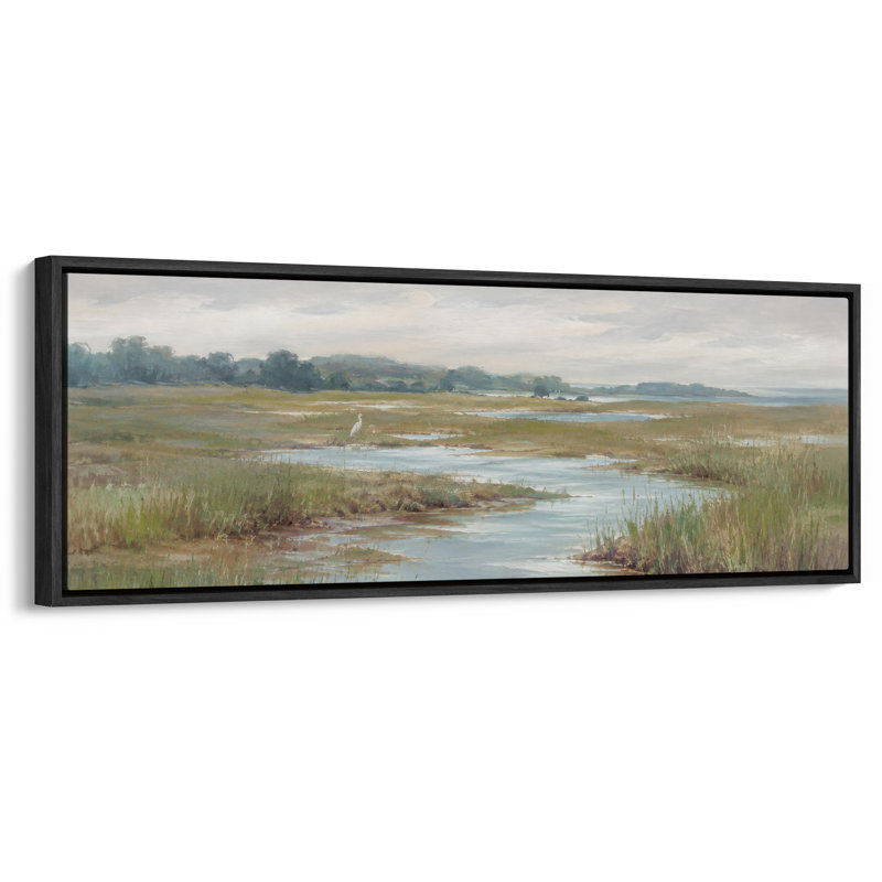 Impression sur toile encadrée, "Large Large Coastal Marsh Wetland River Neutre", H 20 po x l 60 po, Noir