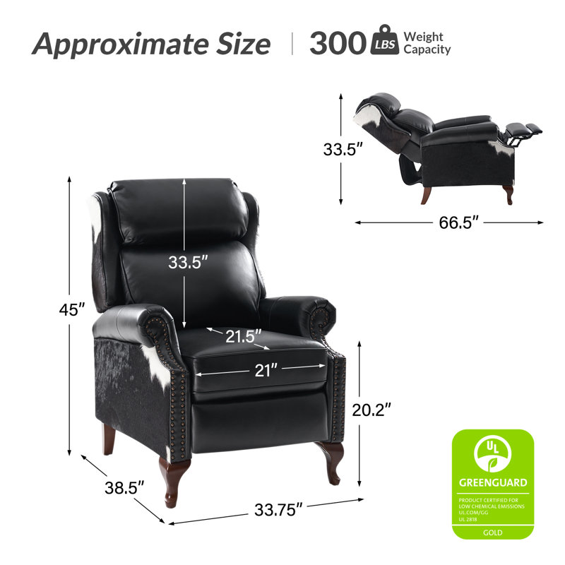 Terecita Traditional Richard Cowhide Genuine Leather Manual Recliner, Black