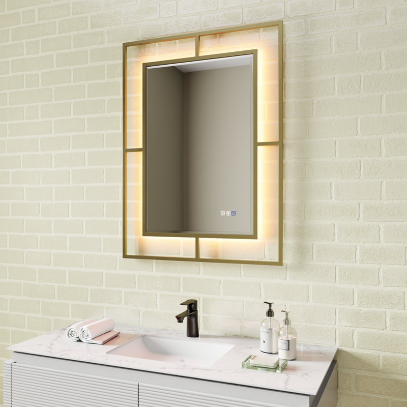 Multi-Function LED Bathroom Mirror, Decorative Handcrafted Iron Frame, Gold, 30" x 40"