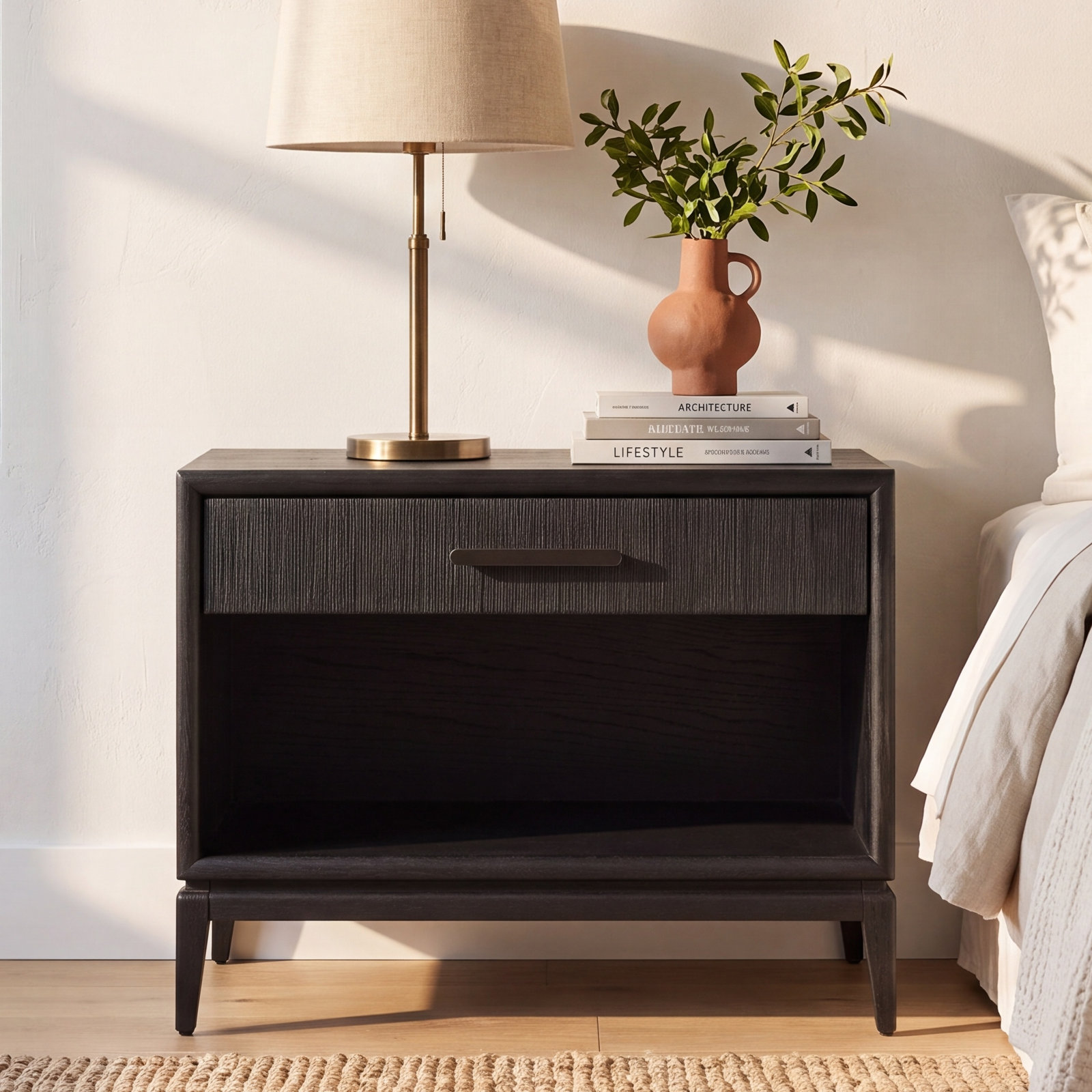 1-Drawer Open Oak Nightstand, Black