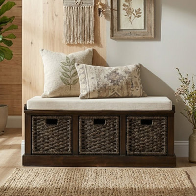 Fluker Rustic Storage Bench with 3 Drawers and 3 Rattan Baskets, Shoe Bench for Living Room, Entryway