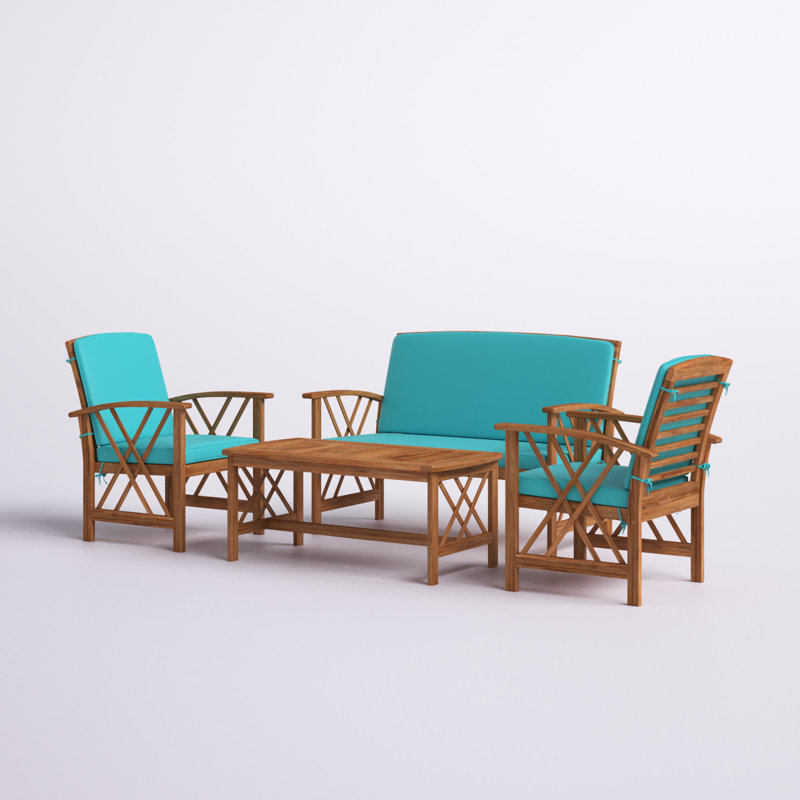 Ensemble de conversation de terrasse en bois massif pour 4 personnes Calhoun, Structure naturelle / coussin turquoise