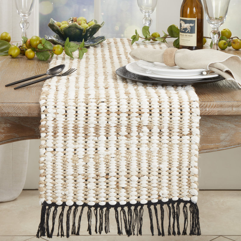 Beige Chunky Chindi Fringed Cotton Table Runner, 16"x72"