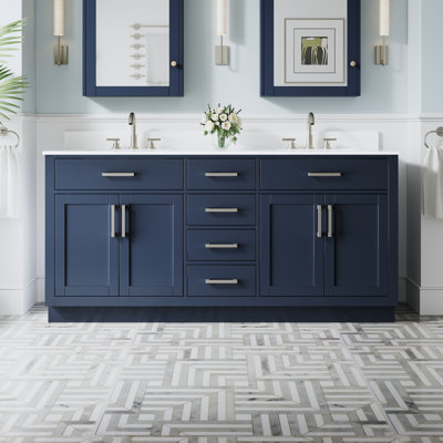 Meuble-lavabo autoportant en bois massif de 72 po x H 35 po avec comptoir en marbre de culture blanc et double lavabo en céramique, bleu marine