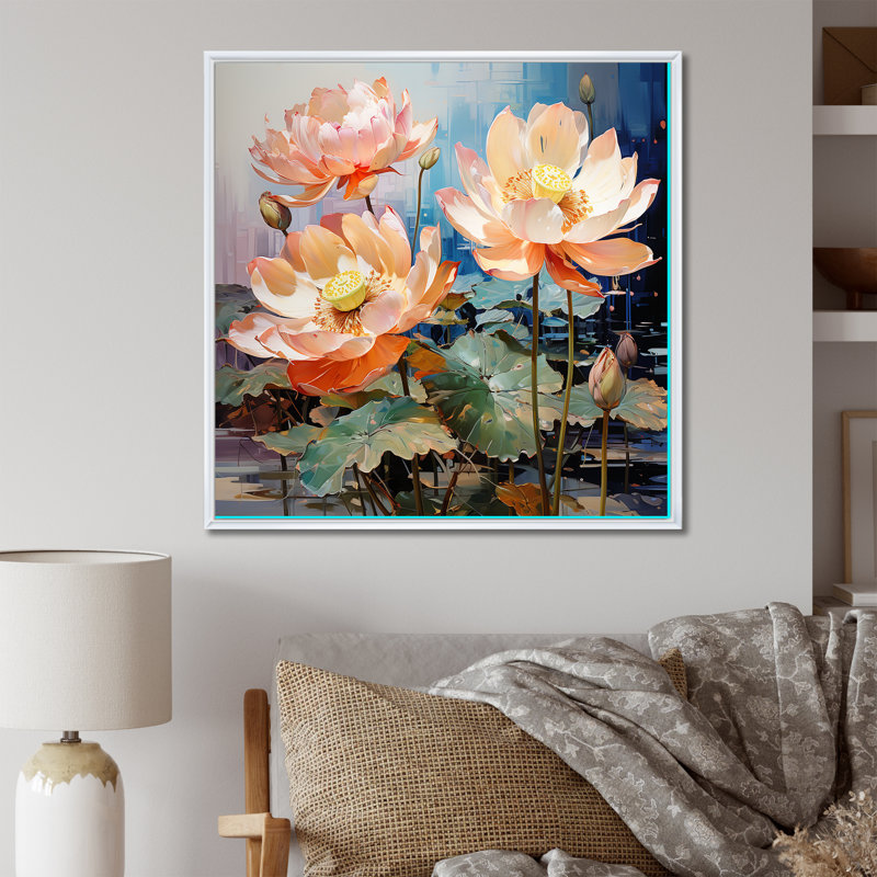 Fleurs de lotus fauves III sur toile, Cadre flottant blanc, H 36 po x l 36 po x P 1,5 po