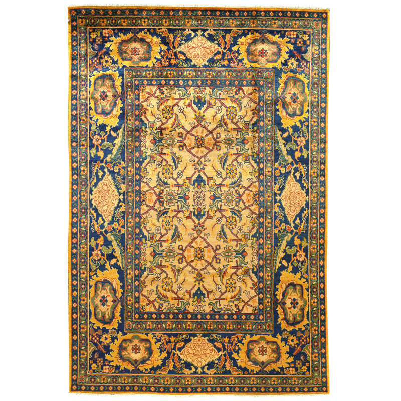 Hand Knotted Wool Area Rug in Gold And Blue