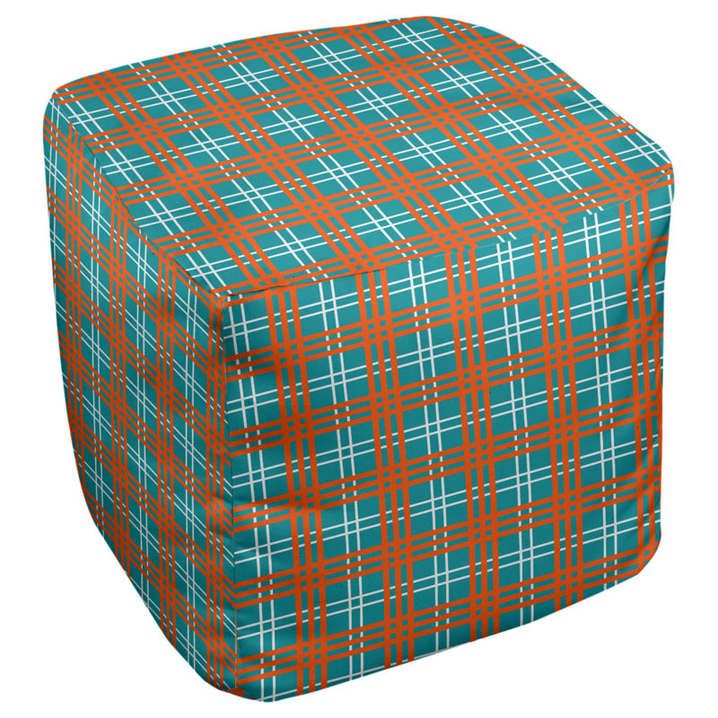 Upholstered Pouf, 18" H x 18" W x 18" D, Aqua/White/Orange Polyester Blend