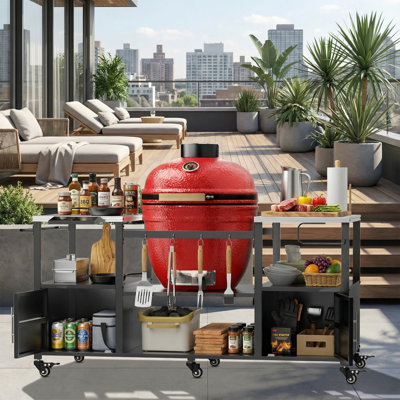 Outdoor Grill Table for Big Green Egg Style BBQ, Metal Grill Cart with Storage Box, Compatible with up to Large Green Egg, Kamado Joe Jr