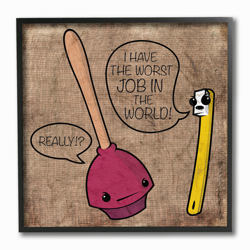 « Toothbrush and Plunger », art textuel sur toile, H 12 po x l 12 po, Giclée encadrée noir minuit