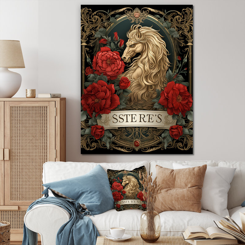 Rétro portrait d'un cheval blanc avec des roses rouges I sur toile, H 32 po x l 24 po, Toile tendue