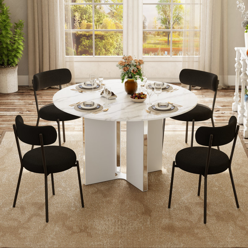 Ensemble de table de salle à manger 47,2 po, Blanc / argenté, 7 pièces : table, 6 chaises, Noir