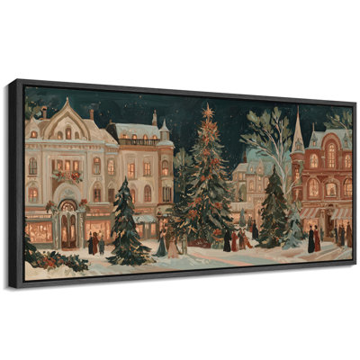«Christmas European Town Winter Night Cityscape», impression panoramique sur toile encadrée