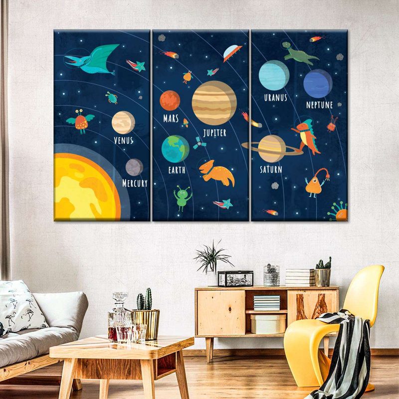 Planètes multicolores, ensemble de 3 impressions sur toile par SweetTeachings, H 20 po x l 33 po x P 1,25 po