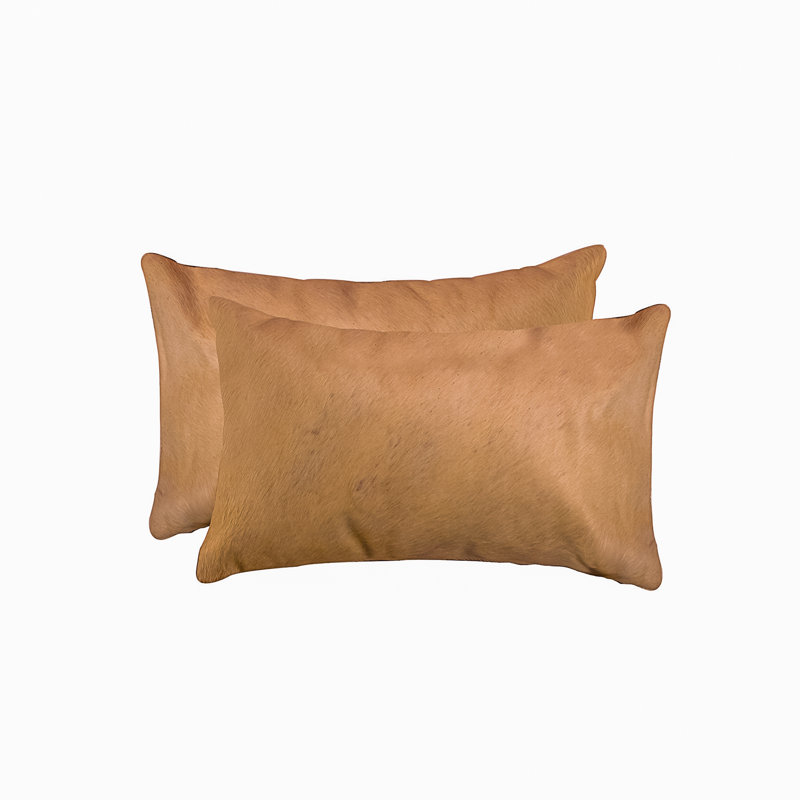  (Set of Two) 12" X 20" Cowhide Lumbar Throw Pillow, Tan