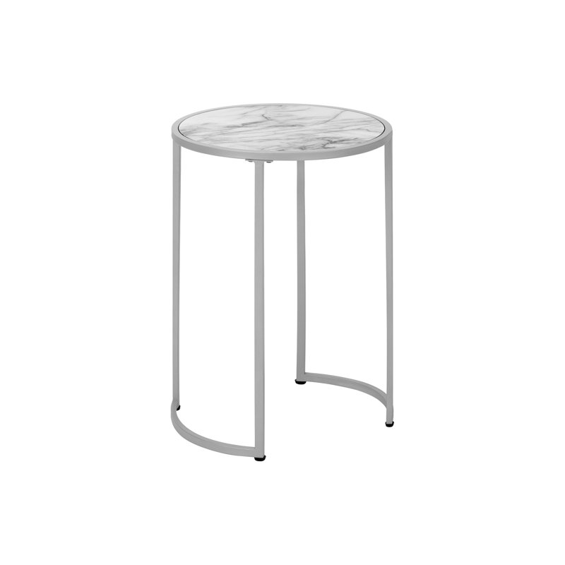 Round Silver Metal and White Marble Accent Table