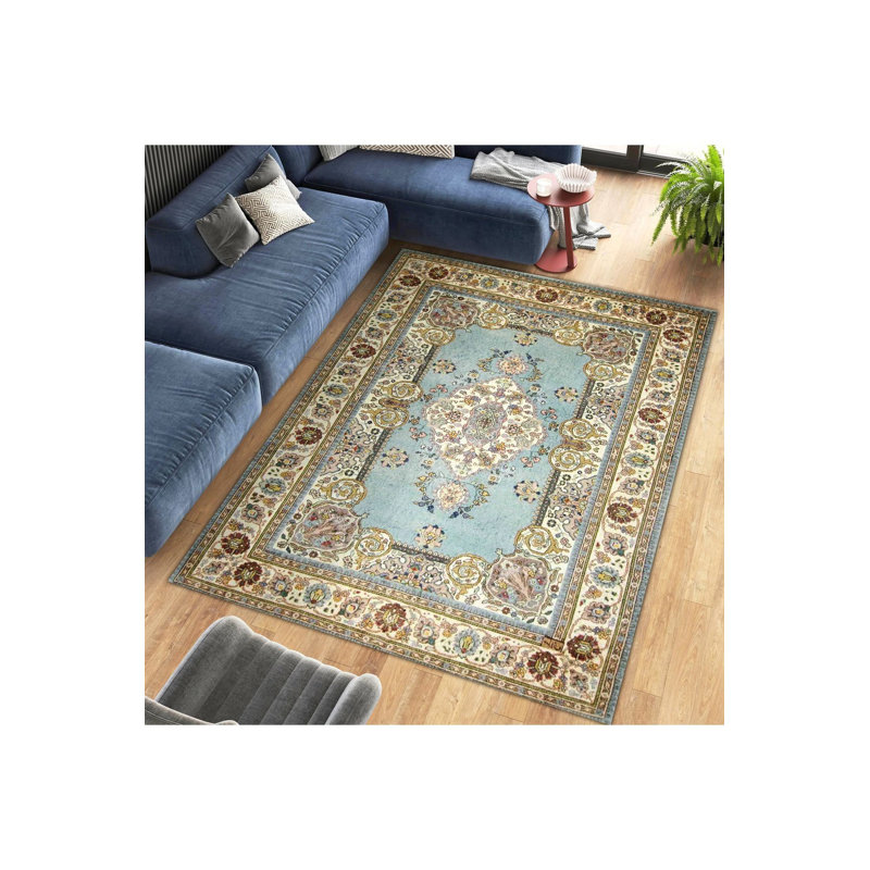 Tapis lavable décoratif bleu à motif traditionnel beige, Sous-tapis rectangulaire de 3 pi 3 po x 4 pi 11 po