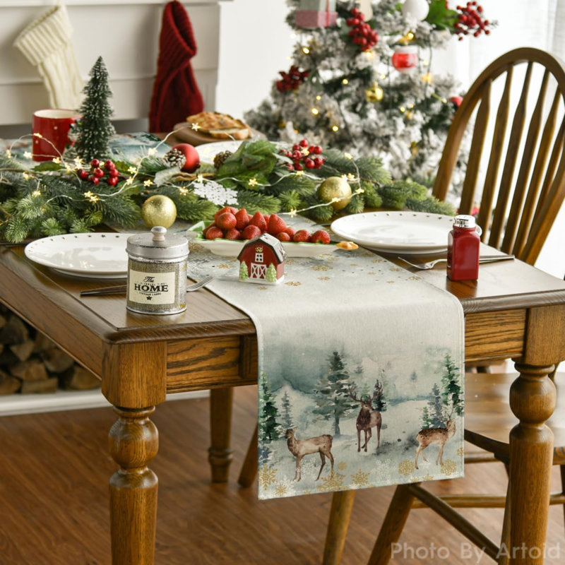 Watercolor Deer Trees Snowflakes Christmas Table Runner, Seasonal Winter Xmas Holiday Kitchen Dining Table Decoration For Indoor Outdoor Home Party Decor