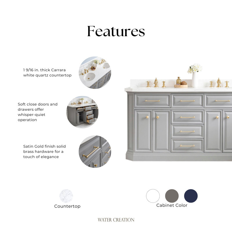 60" Palace Collection Quartz Carrara Cashmere Grey Bathroom Vanity Set With Hardware And F2-0012 Faucets in Chrome Finish