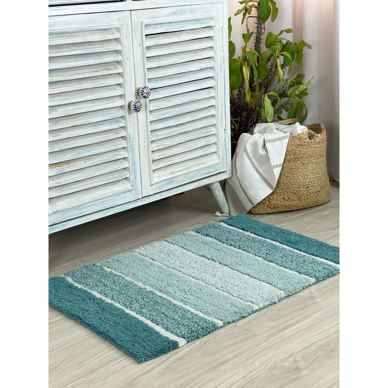 Ensemble de 2 tapis de bain à rayures antidérapants 100% coton Cervantes, Bleu sarcelle / vert, 21''x34''/17''x24''