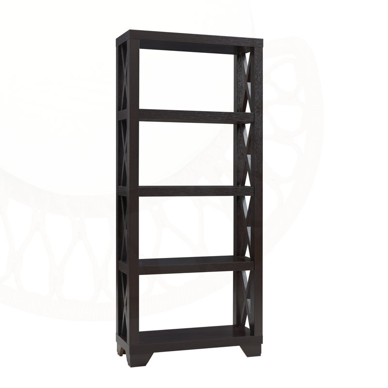 Vitrine moderne avec quatre tablettes hautes, cadre en X et pieds robustes en bois pour plus de stabilité et de style