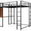 Lit mezzanine double en métal pleine grandeur noir avec 2 tablettes et bureau - Robuste, robuste et peu encombrant