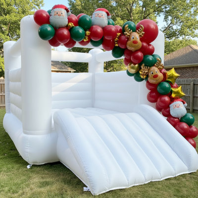 White Bounce House With Blower Large Bouncy Castle For Kids Birthday Party Events (133.86 X 96.46 X 74.02inch)