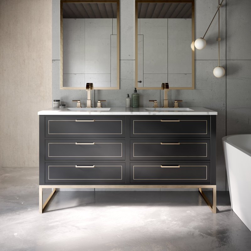 Markham 60'' W Double Vanity, Carrara Marble, Satin Brass, Midnight Black