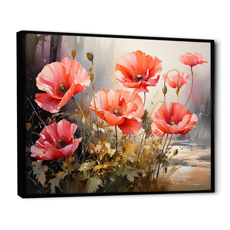 «Red and Green Poppy Reverie III», art mural coquelicots, Cadre flottant noir, H 34 po x l 44 po x P 1,5 po