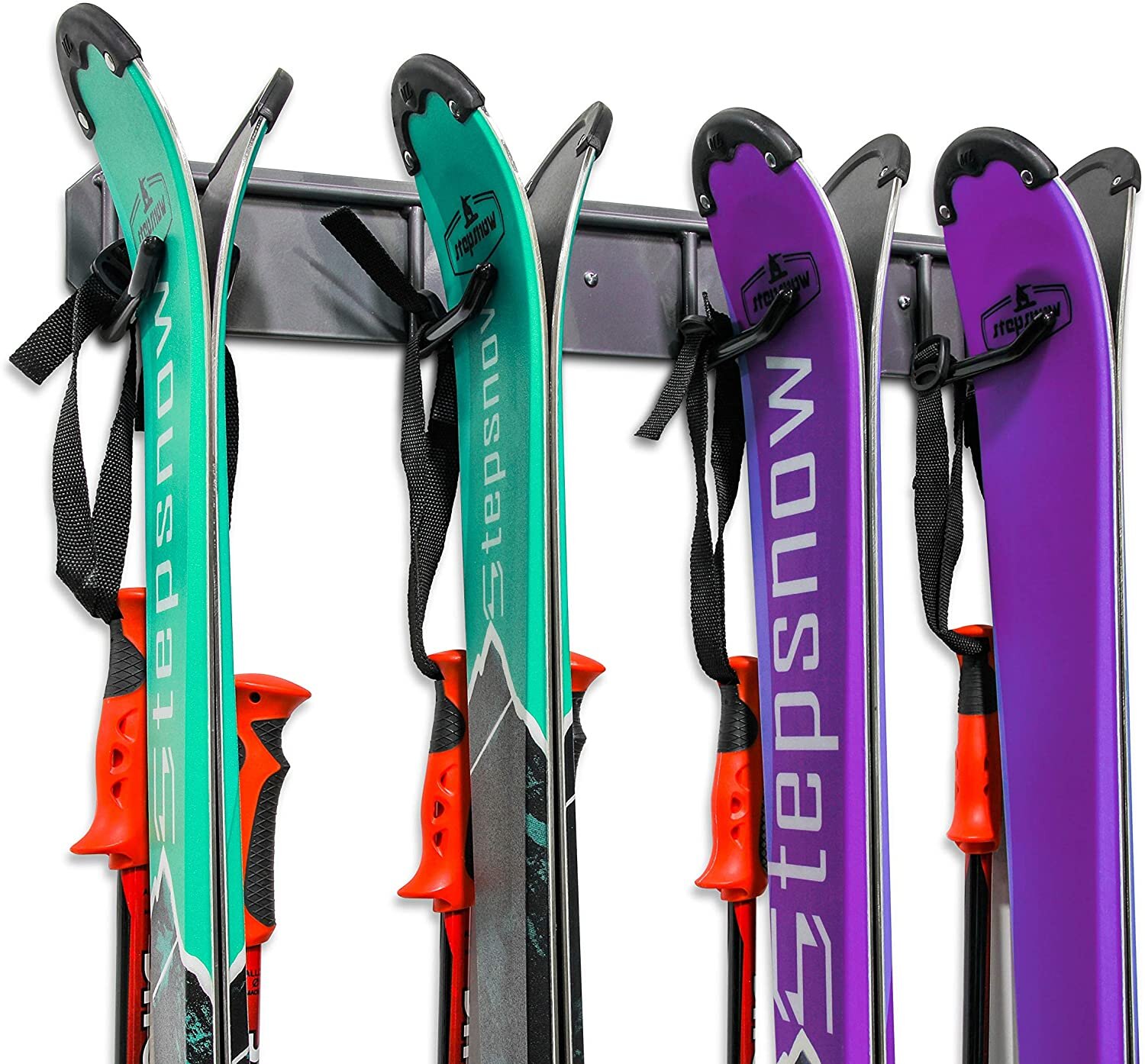 Glensam Porte-skis avec support de rangement mural en métal robuste, peut  contenir 2 paires de bâtons de ski et de planche à neige, pour garage,  intérieur et intérieur, peut supporter jusqu'à 45,4