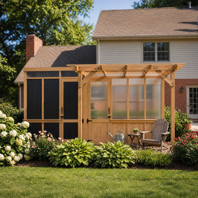 Serre en cèdre de 14 pi x 10,45 pi avec abri de rangement et pergola, panneaux en polycarbonate et ventilation