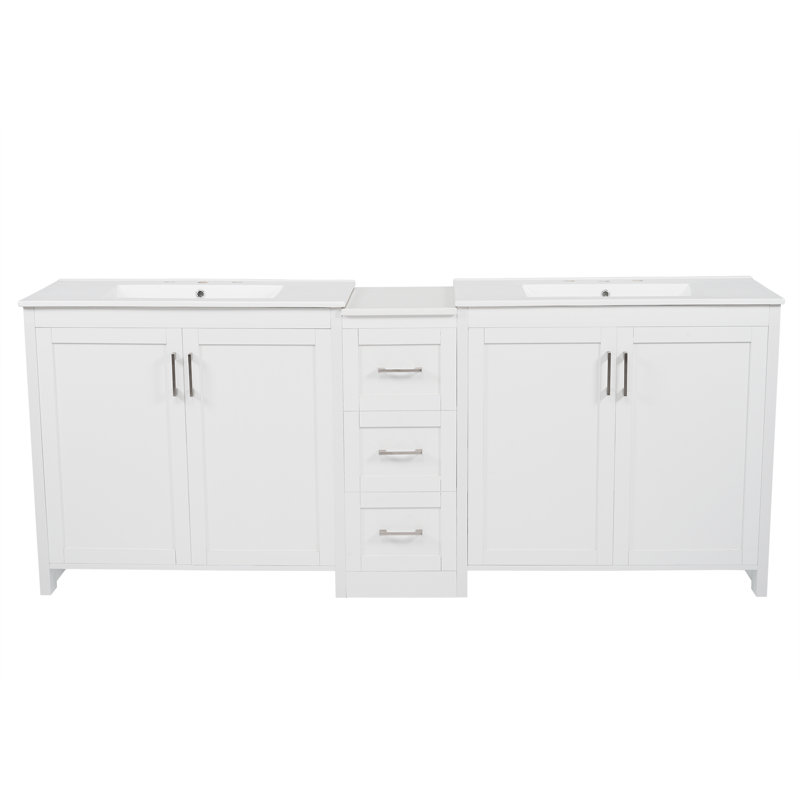84" Double-Sink Bathroom Vanity, 2 Ceramic Sinks And A Quartz Countertop, With Adjustable Shelves And 3 Drawers, Large Storage Space, Silver Metal Handles And Soft Close Hinges Design