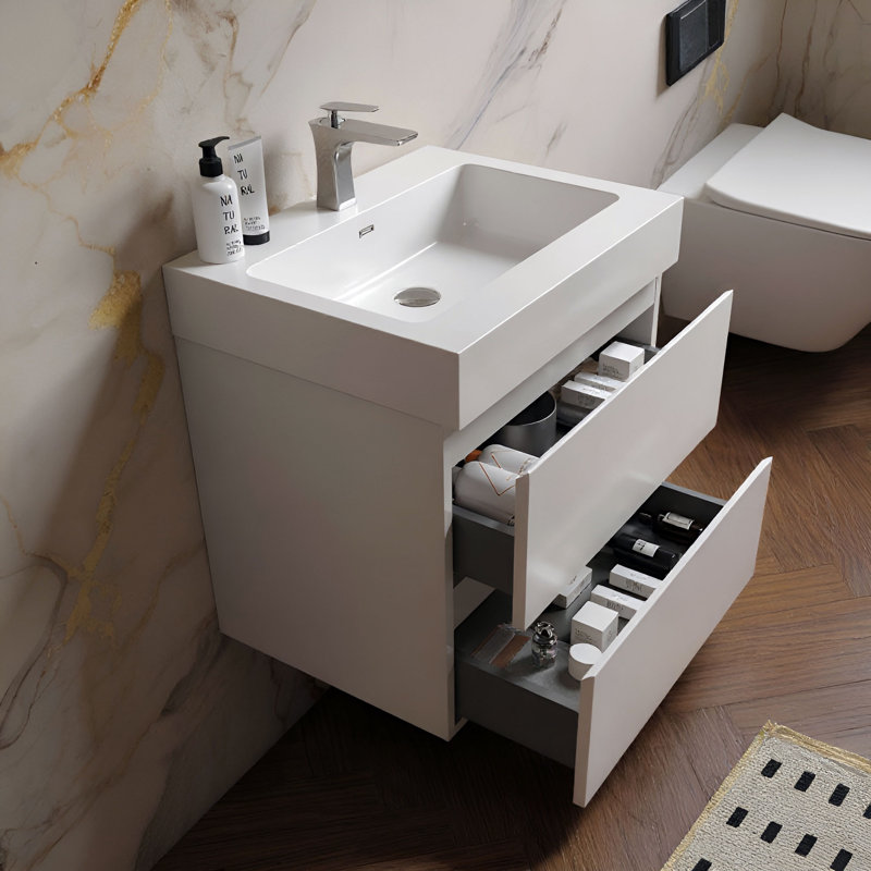 Meuble-lavabo simple mural 24 po avec surface solide avec trop-plein, 24 po, pré-assemblé, Gris espace, 24", Blanc