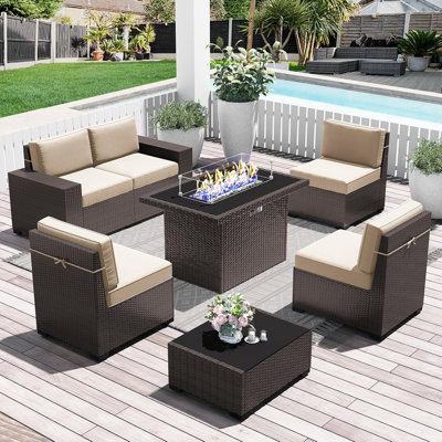  7 Pieces Outdoor Patio Furniture Set with 44" Fire Pit Table Rattan Sectional Sofa Conversation Sets