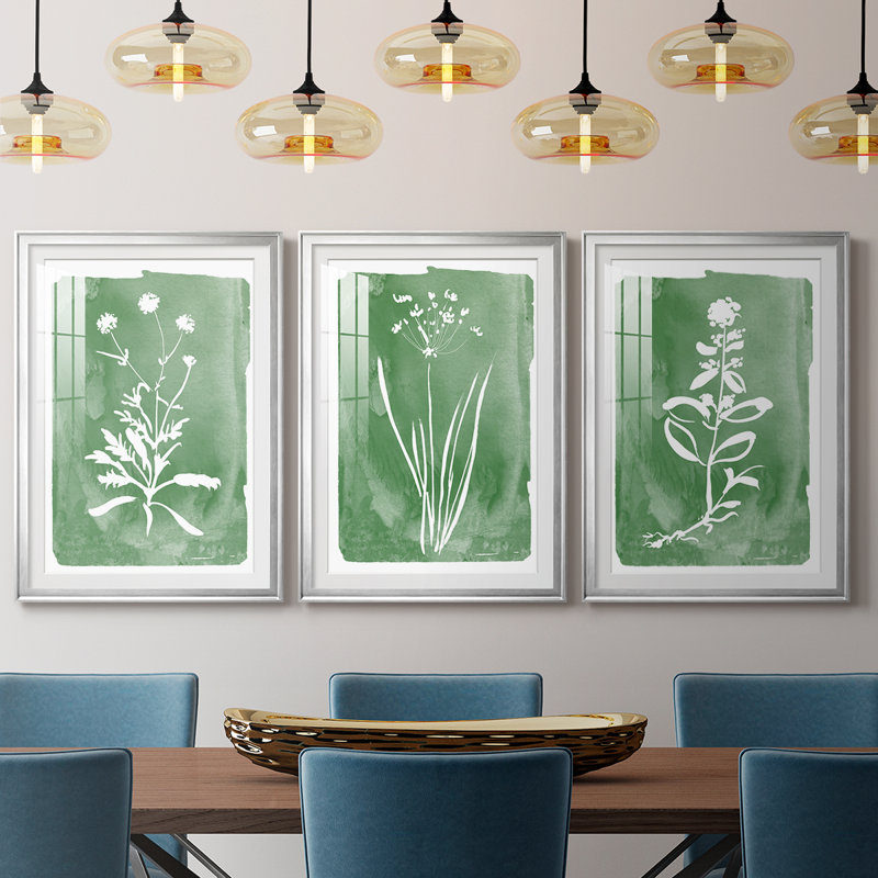 Green Botanical I - reproduction encadrée sur mesure de qualité supérieure mate - 3 pièces, H 21 po x l 30 po, Argent argent