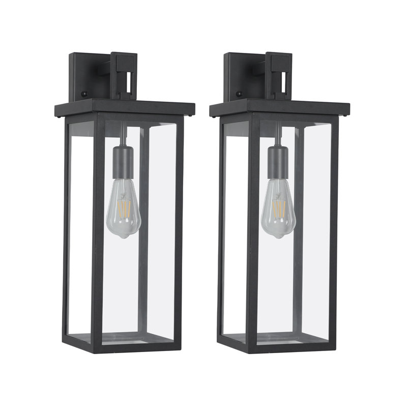 Set Of 2 Modern Outdoor Wall Lantern Sconces, 20" Black Metal Exterior Lighting Fixtures With Clear Glass Panels For Porch, Patio, Garage |  Gift Idea
