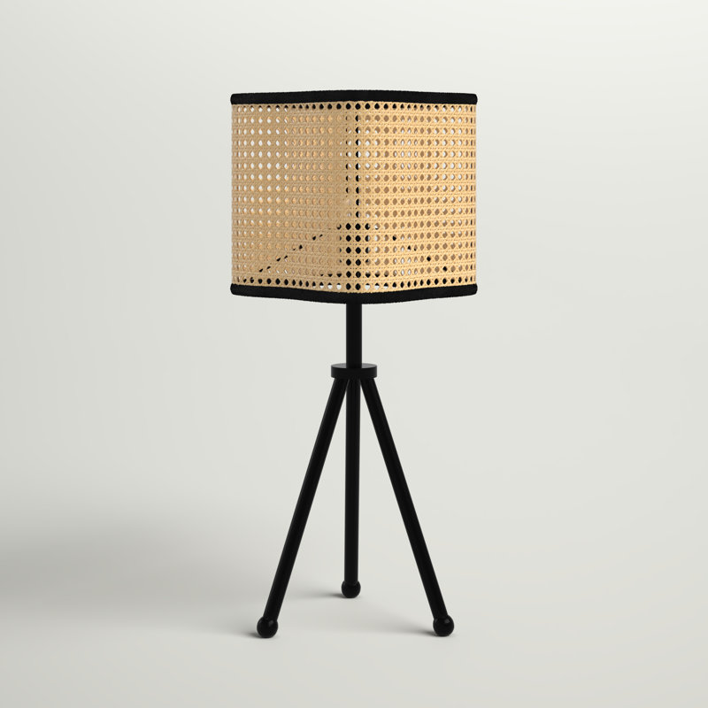 Black Iron Tripod Table Lamp with Rattan Shade