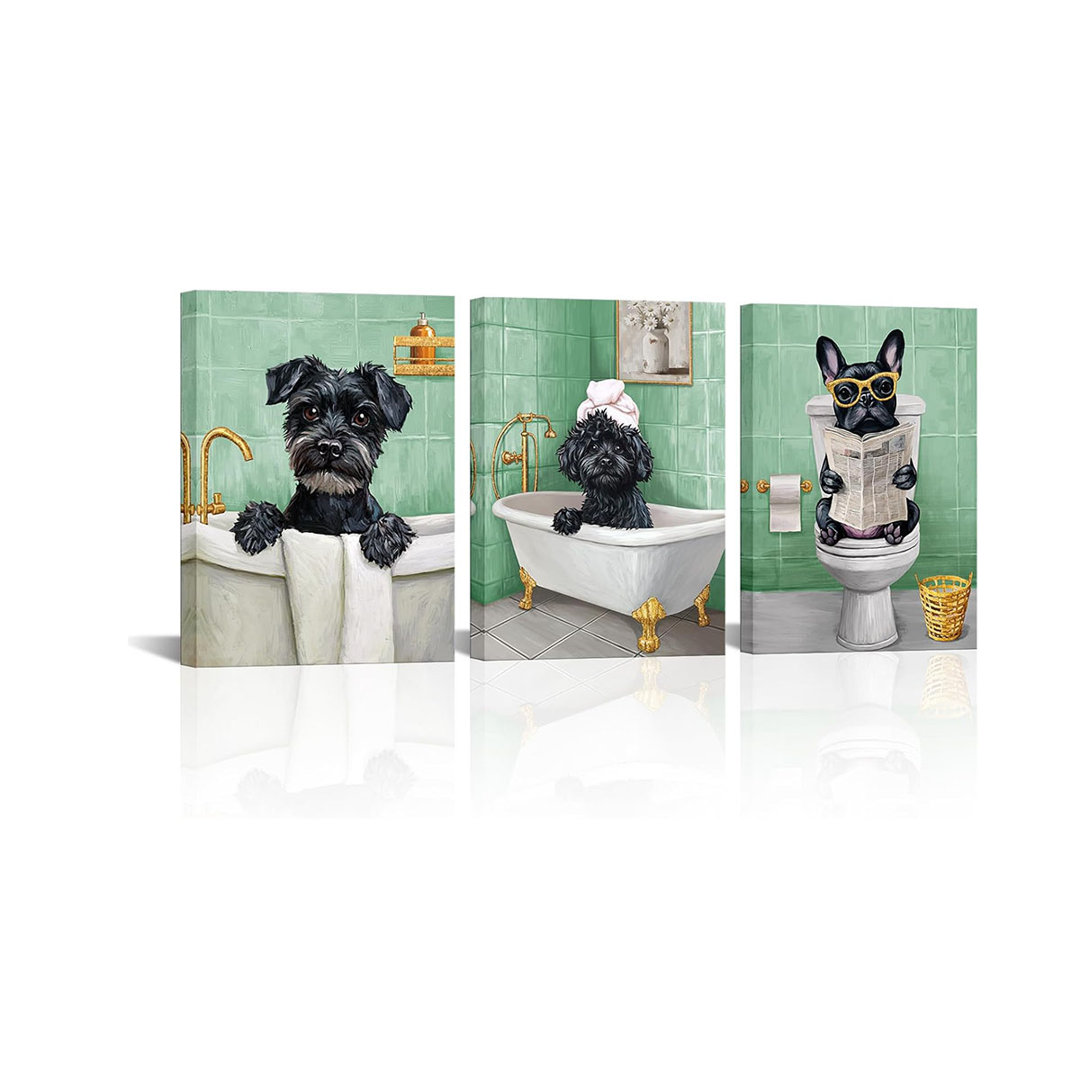 Funny Bathroom Wall Art Lovely Dog Painting Canvas Prints Set Of 3 (Pink)