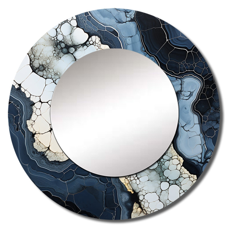 Blue Stone Geode Minimalism - Spiritual Stone Large Mirror, Traditional Round Unique Wall Mirror Decor, Printed Metal Art