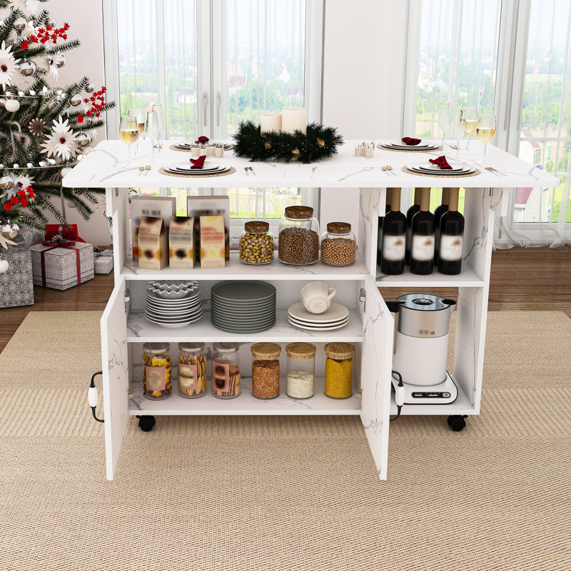 Table pliante multifonctionnelle blanche de 47 pouces avec rangement et mobilité pour les petits espaces, style pratique à cinq tablettes universelles, espaces de cuisine parfaits,