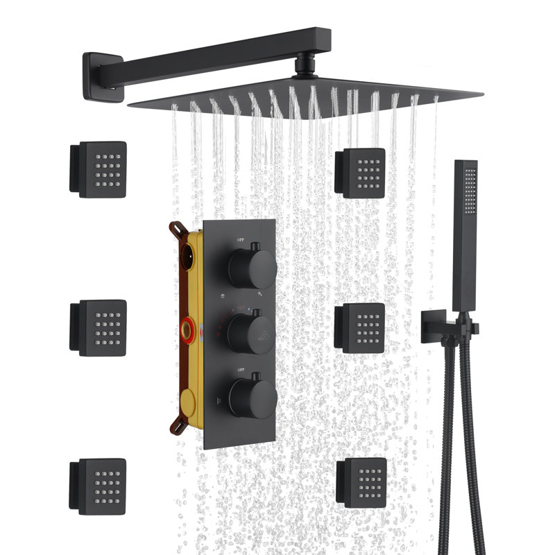 Système de douche thermostatique complet 12 po avec valve brute Revitalize, Noir mat
