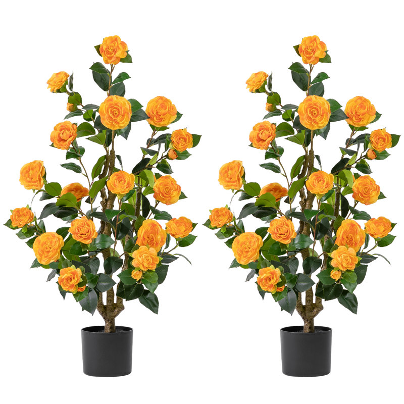 Arbre de camélia artificiel 3,3 pi 2 pièces, avec fleurs en fleurs et tronc de bois naturel, Orange