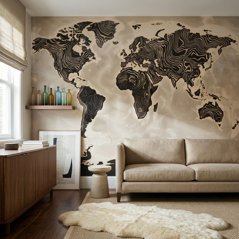 Papier peint carte du monde noir uni, Texturé non collé, 120 po x 96 po