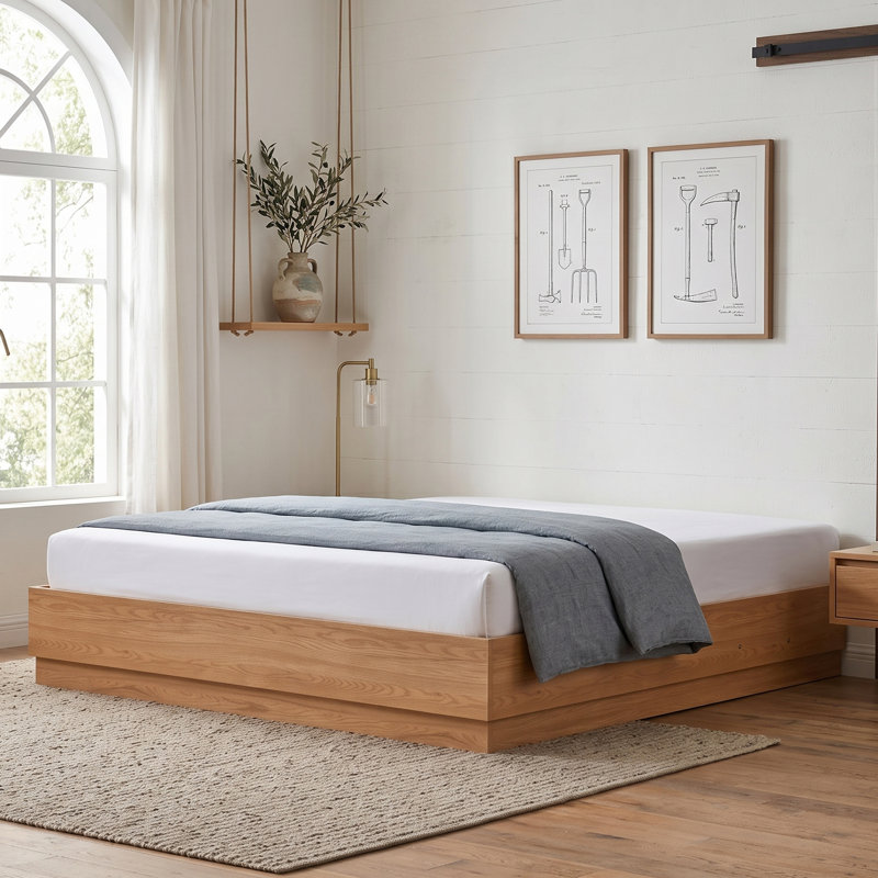 Lit plateforme moderne en bois sans tête de lit avec base étagée et rangement relevable, très grand, brun clair, Marron clair