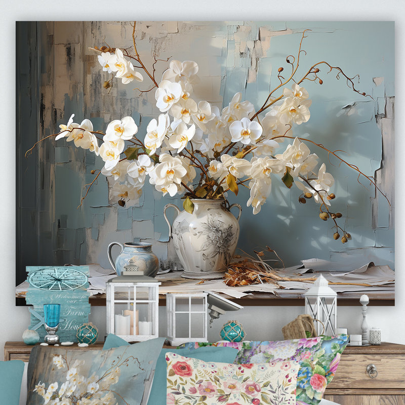 «White Orchids Farmhouse Still Life» sur toile, H 12 po x l 20 po x P 1 po, Toile tendue