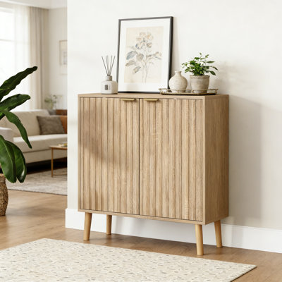 Fluted Wood Sideboard Buffet Cabinet Oak Accent Storage